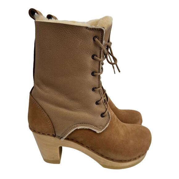 No. 6 Suede Fur High Heel Lace Up Shearling Boots Tan & Brown Size 38 (US 7.5) - Picture 5 of 13